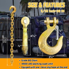 5/16" Trailer Safety Chains G80 Tow Chains with G70 Clevis Safety Hooks 36" Length 17000 lbs Break Strength 4900 lbs Safety Working Load Heavy Duty Transport Chains Towing Chains (2 Pcs 5/16"×36")