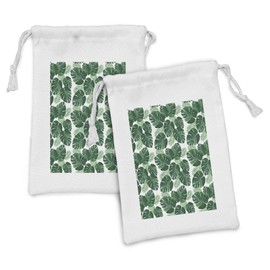 Ambesonne Leaves Fabric Pouch Set of 2, Rhythmic Wild Monstera Leaf Pinnate Motifs on Plain Backdrop Illustration, Small Drawstring Bag for Toiletries Masks and Favors, 9" x 6", White and Jade Green