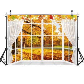 Autumn Window Photography Backdrop 7x5FT White Curtains Fall Forest Scene Background Autumn Thanksgiving Party Decorations Supplies Photo Props