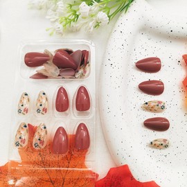 Fall Press on Nails Short Almond Flower Nails Press ons Short Fake Nails with Floral Design Autumn Glue on Nails Flowers False Nails Brown Full Cover Acrylic Stick on Nails for Women Girls 30 Pcs