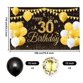 30th Birthday Party Decoration Banner Background, GRESATEK Black Gold Birthday Decoration Happy Birthday Banner Party Decorations for Women Men 30th Birthday