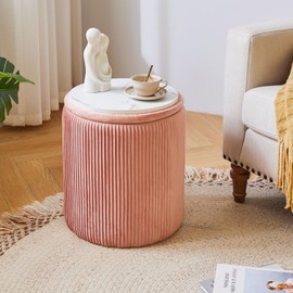 IBUYKE Set of 2 Round Ottoman with Storage, Velvet Vanity Stool for Makeup, Modern Padded Seat Coffee Table, Multipurpose Footrest Stool for Living Room & Bedroom, Pink WBD005P