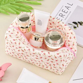 Bolsa de maquillaje floral, bolsa de maquillaje acolchada floral, bolsa de cosméticos, bolsa de productos para el cuidado de la piel, bolsa de maquillaje de viaje de moda, bolsa de maquillaje pequeña y linda, bolsa de maquillaje hinchada, atractiva bolsa