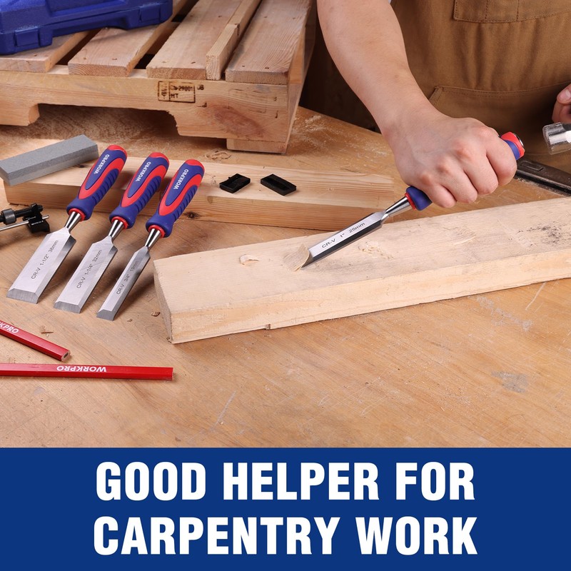 WORKPRO 10-Piece Wood Chisel Set for Woodworking, Cr-V Bevel Edge