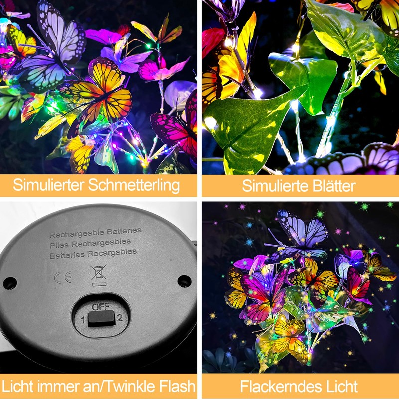 TOTHDATE 2 x Solar Butterflies for Outdoors, Coloured Light Butterflies