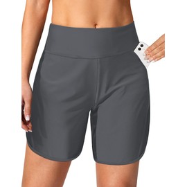 Vivola Women's 5" Swim Board Shorts Quick Dry High Waisted Swimsuits with Liner Pockets UPF 50+ Bathing Suits Bottoms Trunks Tummy Control Grey L