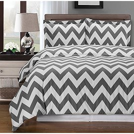 Gray and White Chevron 3-Piece Full/Queen Duvet Cover Set, 100% Cotton 300 TC