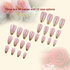 CAEEA Gold French Tip Press On Nails Medium Pink Almond Gold False Nails with Glitter Design False Nails Shiny Acrylic Nails for Women Girls 24pcs