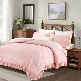 ALEISSEL Blush Pink Comforter Set Queen Seersucker Design with Ruffled Edges, Ultra-Soft Blush Pink Bedding Set Queen Size 3 Piece Set, Down Alternative Light-Weight Comforter Set(Blush Pink,Queen)