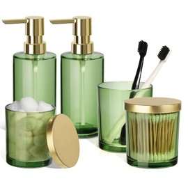 ALPIRIRAL Green Glass Bathroom Set, 5 Pcs Modern Green Bathroom Accessories, Soap Dispenser, Toothbrush Holder, Qtip & Cotton Ball Holder