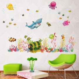 WandSticker4U Wall tattoo, wall stickers, wall decoration, baby, children's room, young girls’ bathroom, children, colourful, blue tile stickers, decoration, underwater world, fish, whale, sea.