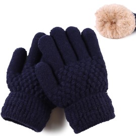 JANGANNSA Cold Weather Kids Gloves Warm Knitted Children Magic Glove With Fleece Lining Winter Gloves For Boys Girls (Navy, 5-12Years)