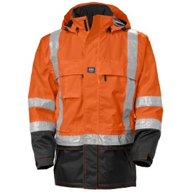 Helly Hansen Potsdam Men's Hi Vis Rain Jacket - Waterproof and Windproof Workwear with Detachable Helmet-Sized Hood, ANSI Class 3, 269 Orange/Charcoal - XX-Large