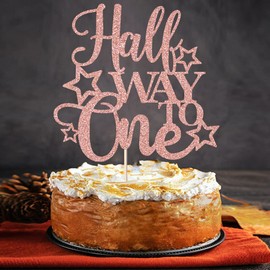 Qertesl Half Way To One - Decoración para tartas, es mi cumpleaños de 1/2, accesorio para fotos de 6 meses, suministros de decoración para fiestas de cumpleaños para niños de 6 meses (oro rosa)