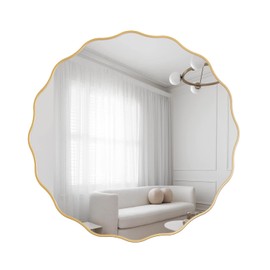 Gumcoly Circle Wall Mirror 20" Round Wood Frame Mirror Gold Waved Edge Accent Mirror Decorative Vanity Mirror Farmhouse Irregular Wall Mirror for Bathroom Washingroom Living Room