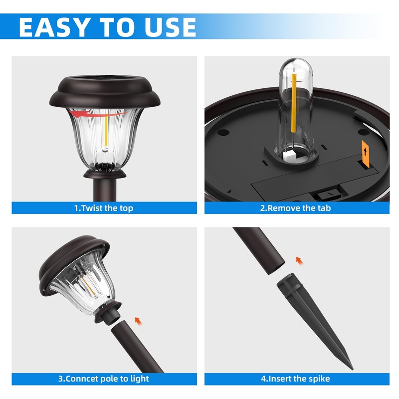 DERAYSION Solar Lights Outdoor 6 Pack, Stainless Steel Glass Solar
