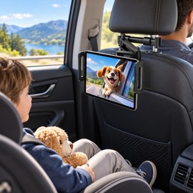 Car Headrest Tablet Holder for Backseat Use – 360° Rotating Retractable Mount for 4.7–12.9 in Phones & Tablets