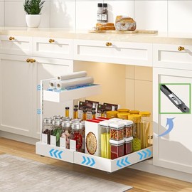 YunNasi 2 Tier Cupboard Organiser Kitchen Extendable White | Base cabinet organiser, pull-out drawer kitchen, expandable cabinet shelf for bathroom, spice rack