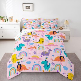 Feelyou Girls Pink Dinosaur Toddler Bedding Set Queen Size Purple Green Dinosaurs Comforter Set Cute Cartoon Dino Rainbow Down Comforter Quilt Kids Room Decor Reversible Stars Bed Set for All Seasons