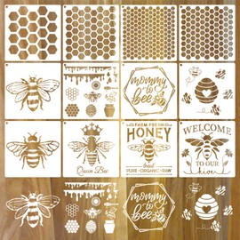 12 Pieces Bee Stencils for Painting on Wood, Honeycomb Hexagon Theme Reusable Stencils, Honey Drawing Template for DIY Scrapbooking Furniture Canvas Wall Floor Decor (5.9 x 5.9 Inch)
