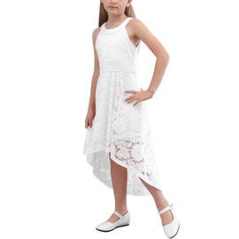 GORLYA Girl's Elegant Halter Neck Floral Lace Hi-Lo Flower Girl Birthday Party Dress for 4-14T Kids (GOR1027, 7-8Y, White)