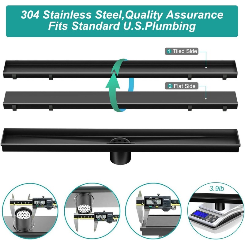 ELLO&ALLO 24 Inch Matte Black Linear Shower Drain, SUS304 Stainless