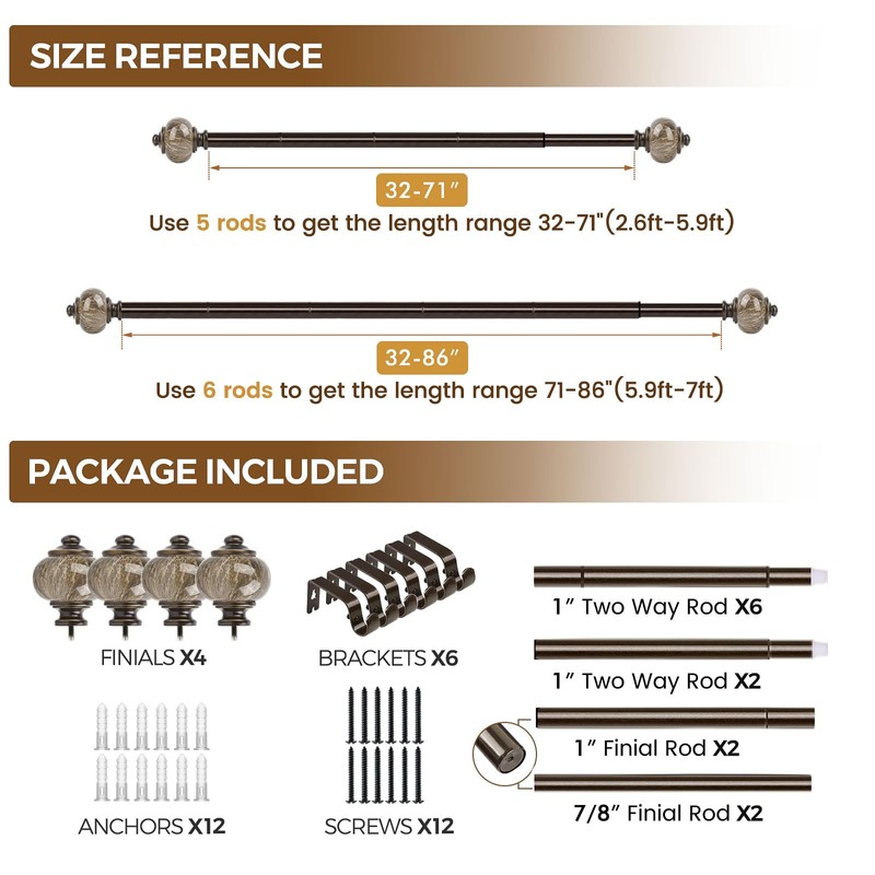 KAMANINA 2 Pack Curtain Rods for Windows 48 to 84