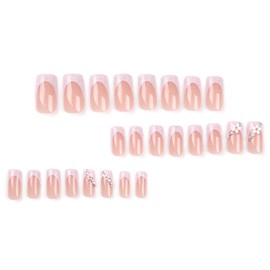 TULOBI Pink French Press on Nails Square 3D Flower Fake Nails Glossy Rhinestone False Nail Long Bling Artificial Nails Finger Manicure for Women and Girls 24Pcs/Set