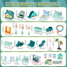 MCATNY Bunny House Playset, 32-Piece Educational Role Play Kit, Kids Pretend Toys, Birthday Gift (Green)