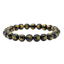 OM Black Agate Bracelet for Women Men's Gifts - Protection Healing Crystal Bracelet - 8mm Gemstone Beaded Stretchable Bracelet Pulseras Para Hombres Mujer Stocking Stuffers