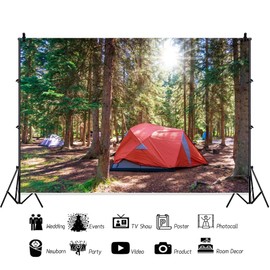 Forest Scene Camping Backdrop Sunshine Camping Theme Party Photography Background for Kids Birthday Party Camping Tent Baby Shower Decorations Photo Studio Props Vinyl 7x5ft