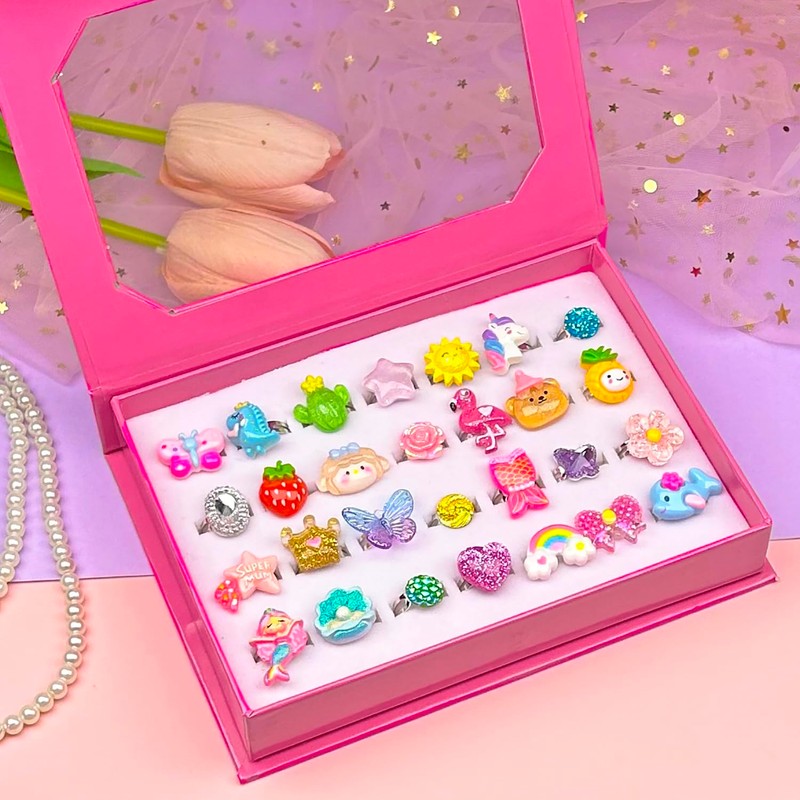 ELEMIRSA 28pcs Little Girl Jewel Rings in Box, Girl Princess
