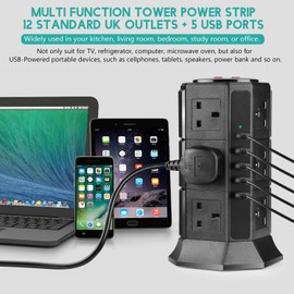 YUTUKI Extension Lead PRITEK 12 Way Outlets 1000J Surge Protector Vertical Power Strip with 5 USB Charging Ports 10A/2500W Overload Protection Extension Socket with 6.5ft Extension Cord (Black)