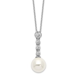 925 Sterling Silver 10mm Simulated Shell Pearl Cubic Zirconia CZ Necklace 17 inch Chain