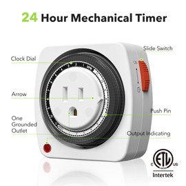 BN-LINK 24-Hour Plug-in Mechanical Timer, Heavy Duty Outlet Timer Indoor with 15-Minute Intervals, 3-Prong Plug for Aquariums, Grow Lights, Hydroponics, Indoor Lighting, ETL Listed, 1-Pack