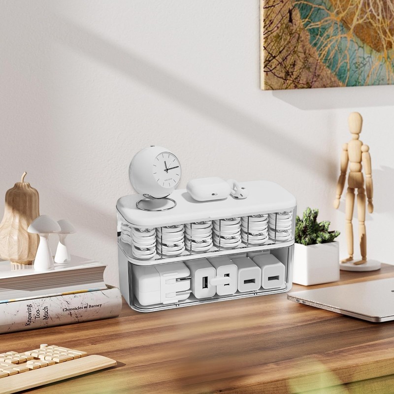Marjoramy Double Layer Cable Storage Box, Transparent Cable Organiser Box