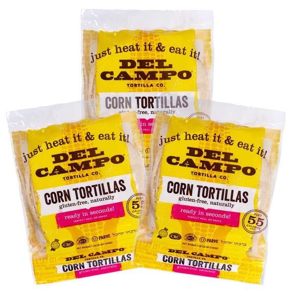 Del Campo Soft Corn Tortillas - 6 Inch Round 1 Lb. Bag. 100% Natural, Gluten Free and All-Corn Authentic Mexican Food. Serving Options: Wraps, Tacos, Quesadillas, Burritos. 16ct (Three Pack Special)