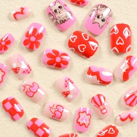 Valentines Press on Nails Square Short False Nails with Heart & Flower Designs Cute Fake Nails Acrylic Nails Press ons Glossy Glue on Nails Full Cover Artificial Stick on Nails for Women 24Pcs