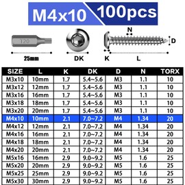 ddckj 100 Stück Blechschrauben Edelstahl M4x10mm Linsenkopf Selbstschneidende Schrauben Vollgewinde Edelstahlschrauben Holz Rundkopf Holzschrauben Torx A2 V2A mit T20 Bohrer