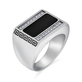 Bling Jewelry Personalize Geometric Pave CZ Accent Cubic Zirconia Men's Rectangle Signet Statement Greek Key Design Band Ring for Men Black Enamel Stainless Steel