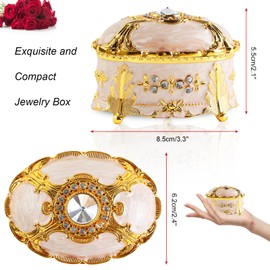 LUXINTHRA Vintage Oval Jewelry Box, Metal Small Jewelry Organizer for Women and Girls, Portable Mini Trinket Storage for Earrings, Rings, Necklaces and Bracelets(White)