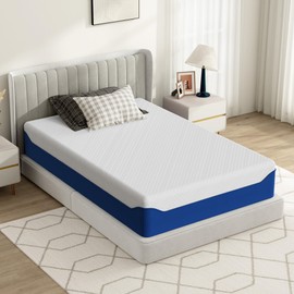 Schow Life 12 Inch Gel-Infused Memory Foam Mattress Twin Size Made in USA,Medium Soft with Removable Washble Cover Cooling Gel Bed in a Box,CertiPUR-US Certified,38"X75"X12" White Blue
