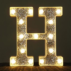 KANLONG LED Marquee Light Up Letters, 26 Alphabet Lighted Letter and 10 Number, Battery Powered Night Light for Room Decor, Home Birthday Wedding Bar Party Decoration, Shiny Silver Diamond (Letter H)