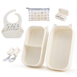 Mossora Portable Baby Plates with Suction, 6Pcs Travel Silicone Feeding Set for Toddlers, Foldable, Non-Slip Dishwasher Safe Plates & Utensils, BPA Free, Cat Design Gift Ready (Beige)