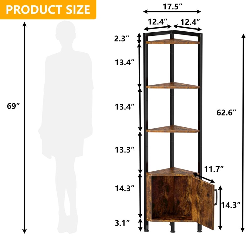Furnulem Corner Shelf,5-Tier Corner Cabinet with Storage and LED Light,