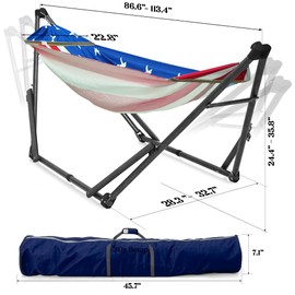 Tranquillo Uniki Adjustable Hammock with Stand for Indoor and Outdoor, Portable Camping Hammock Frame, 550 lbs Capacity, Collapsible and Durable, American Flag