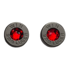 Black Rhodium Plated 9 Millimeter Ammo Bullet Cartridge Stud Earrings with January Themed Red Crystals