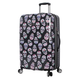 Betsey Johnson 26 Inch Checked Luggage Collection - Expandable Scratch Resistant (ABS + PC) Hardside Suitcase - Designer Lightweight Bag with 8-Rolling Spinner Wheels (Skull Party)