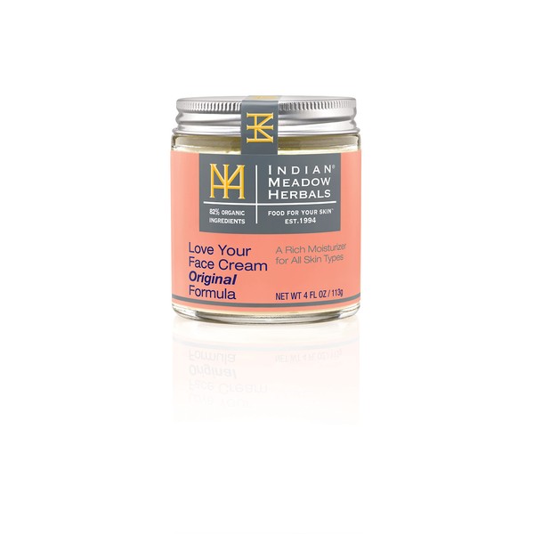 Indian Meadow Herbals Love Your Face Cream 4 oz, 82% Certified Organic Ingredients, For all skin types, GLUTEN-FREE.