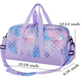 Choca Mocha Large Duffle Bags for Girls Travel Sport Duffle Bag Kids Weekend Overnight Bags with Shoe Compartment, Mermaids Purple